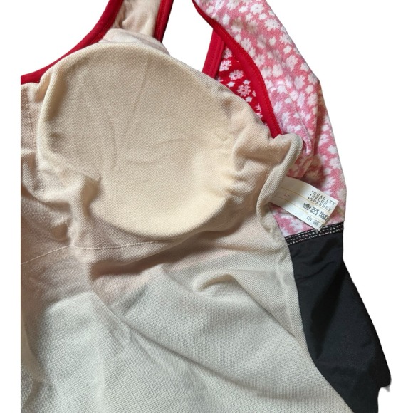 Vintage Swimsuit One Piece Red Floral with Black Bottom Nylon/Spandex - Picture 3 of 3